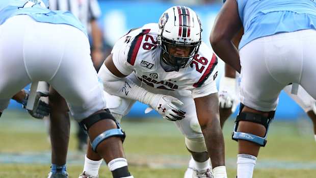 Aug 31, 2019; Charlotte, NC, USA; South Carolina Gamecocks defensive lineman Zacch Pickens (26) lines up during the second half against the North Carolina Tar Heels at Bank of America Stadium. Mandatory Credit: Jeremy Brevard-USA TODAY Sports